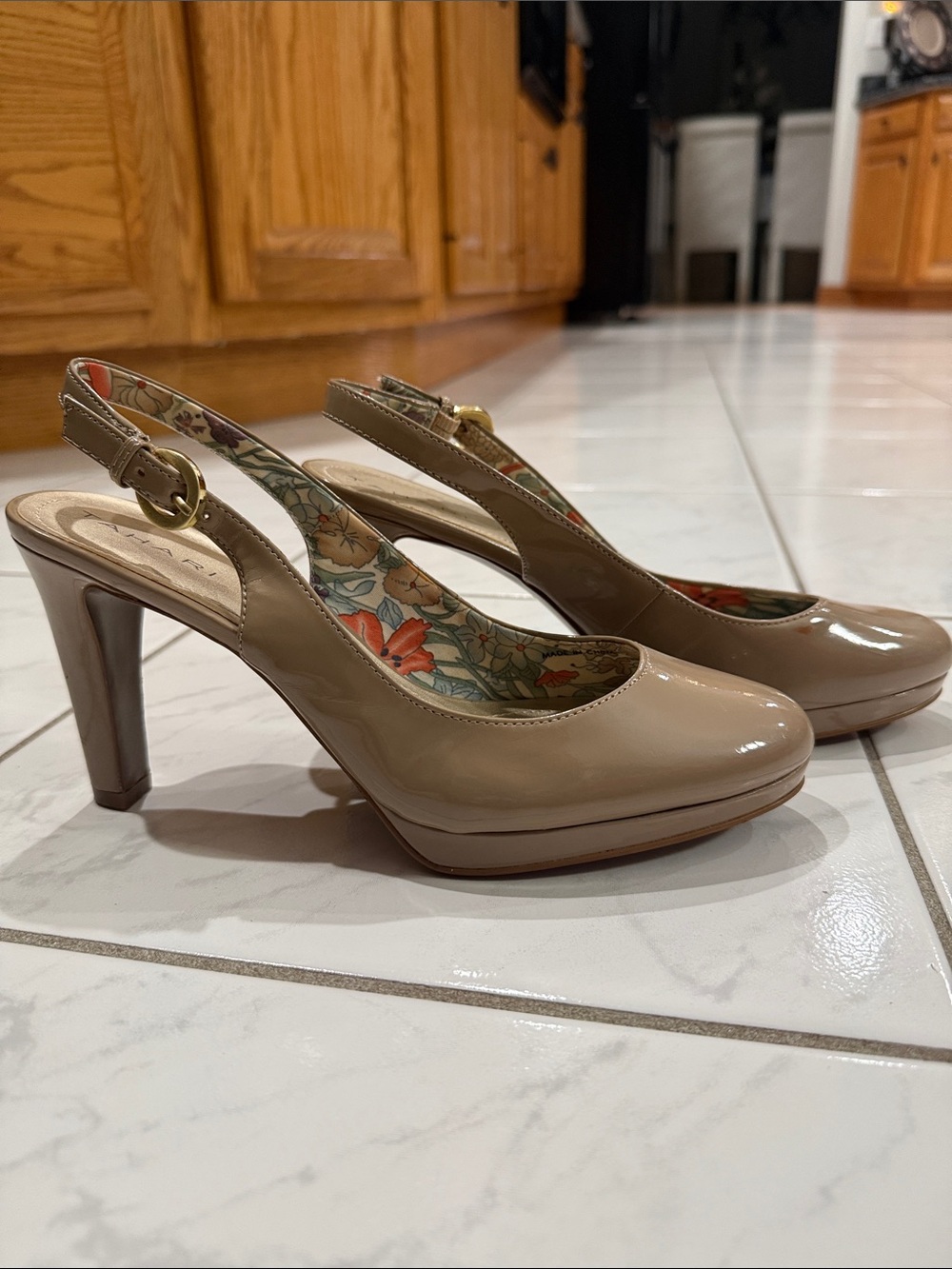 Tahari Nude Patent Slingback Platform Pumps